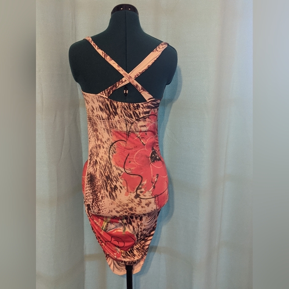 Y2K Bodycon Sweetheart Neckline Abstract Animal Print Cross back Mini Dress Sz S - Picture 5 of 6